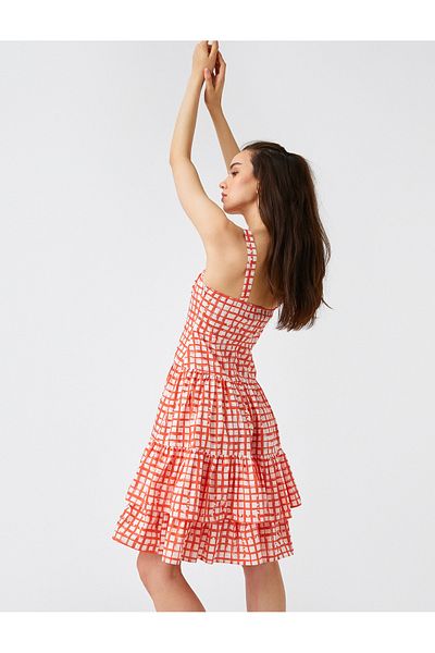 Koton Plaid Patterned Midi Length Ruffle Strappy Dress