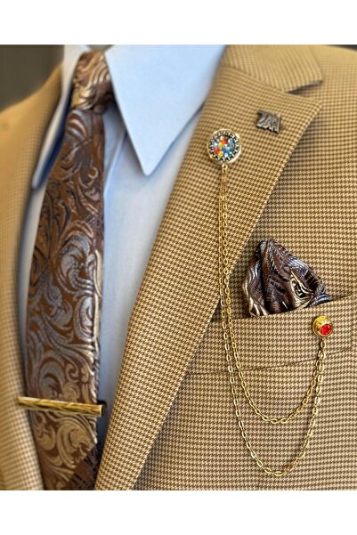 TerziAdemAltun Italian Style Slim Fit Houndstooth Pattern Men's Coat Brown T12626