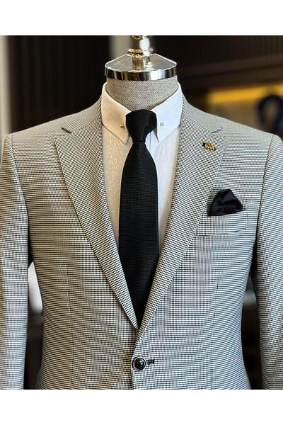 TerziAdemAltun Jachetă pentru bărbați în stil italian slim fit cu model picioare de găină neagră T12627