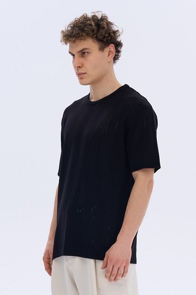 İLKCET MODA Ανδρικό πλεκτό μπλουζάκι με λεπτομέρεια με τρύπα