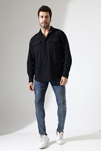 Peille Men's Gabardine Fabric Black Snap Tie Oversize Large Size Shirt 2XL 3XL 4XL