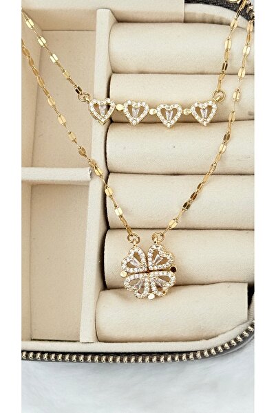 GM TAKI Paslanmaz Çelik Mıknatıslı Dönüşümlü Yonca Ve Kalp Kolye - Zirkon Taş...