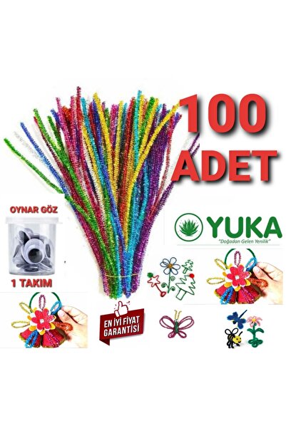 Yuka 100 Adet Metalik Simli Şönil Renkli 30 Cm 100 Lü Paket Tüylü Tel Oynar Göz 1 Takım