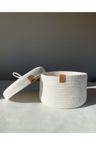 Sevdam Sepet White Medium Size Multi-Purpose Basket with Lid, Cotton Basket, Decorative Basket, Wicker Basket, Cotton Rope