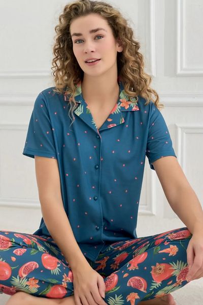 Mihra Pijamale de damă cu mânecă scurtă cu model de rodie cu nasturi în față