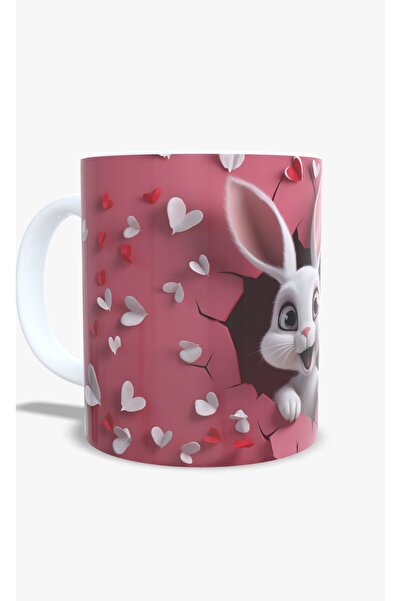 etasarim ÇİÇEKLİ Tavşanlı Kupa Bardak 3d Efekt Tavşan Baskılı Kupa Bardak