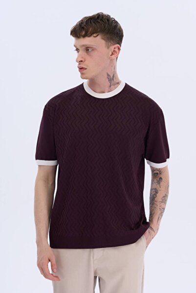 İLKCET MODA Πλεκτό μπλουζάκι με μοτίβο με γιακά μπορντό μανίκι Ribbed Oversize