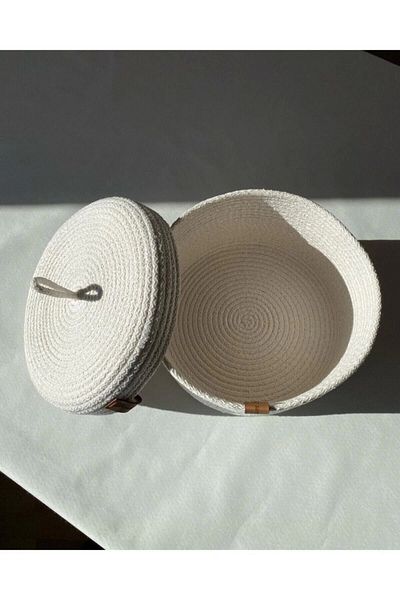Sevdam Sepet White Medium Size Multi-Purpose Basket with Lid, Cotton Basket, Decorative Basket, Wicker Basket, Cotton Rope