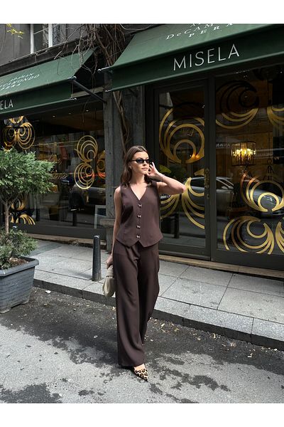 VOLT CLOTHİNG Kadın Double Kumaş Kurdele Gold Düğme Detaylı Yelekli Takım