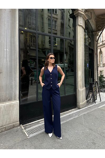 VOLT CLOTHİNG Women's Double Fabric Ribbon Gold Button Detailed Vest Suit