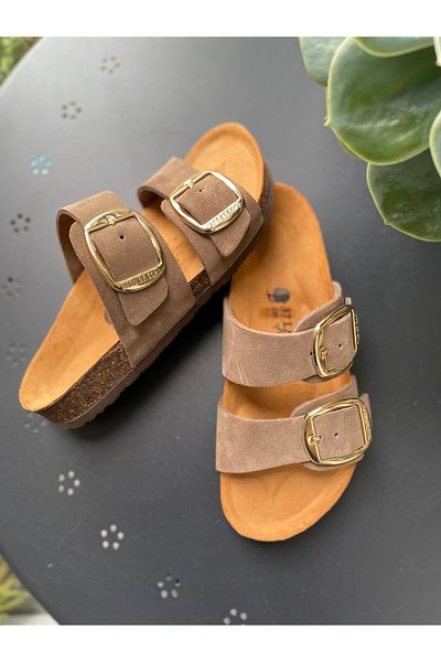 Land of Cork Anatomical Natural Cork Sole Large Buckle Genuine Suede Leather Slippers