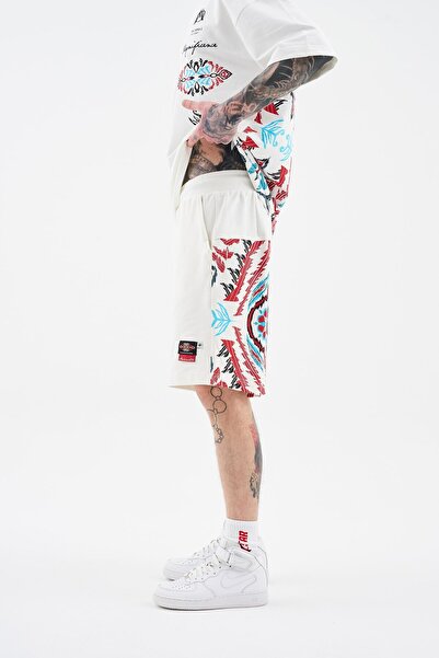 Machinist Men's Ethnic Printed and Embroidered Ecru Shorts