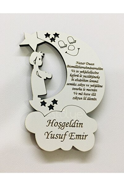 estölye Wooden Baby Boy Magnet with Evil Eye Prayer 50 Pieces White Wooden G2...