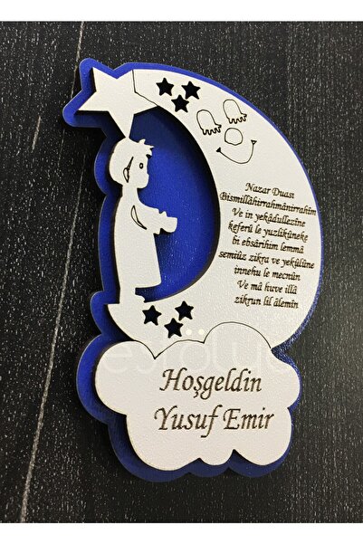 estölye Ahşap Erkek Bebek Nazar Dualı Magnet  25 Adet Mavi Beyaz Ahşap G2F1UG...