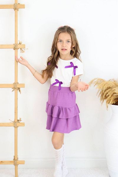 sinmm Purple-White Girl's Ribbon Detail Skirt Suit
