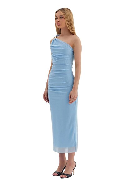 Moda Amore Kadın Abiye Elbise - Tek Omuz Tül Detaylı Büzgülü Midi Boy 1709