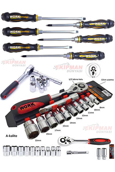 WORKMASTER TORNAVİDA SETİ ve LOKMA SETİ 12 PARÇA 1/2 KALİTELİ EKONOMİK SET 8-22 LOKMA TAKIMI ANAHTAR SETİ