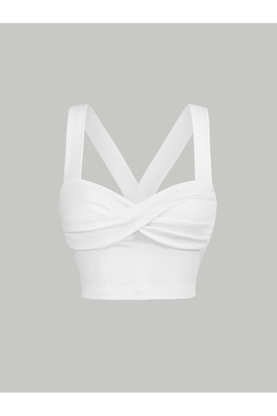 Marin Star White Summer Front Cross Wide Strap Lycra Crop, White Twisted Wide Strap Summer Stretchy Blouse Top