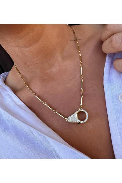 neslyaccessories 14K Gold Zirkon Taşlı Büyük Papağan Kapamalı Çubuk Kolye