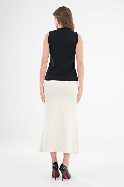 vuvutasarım Yellow Knitwear - Buttoned Sleeveless Black Vest - High Waist Midi Length Ecru Skirt Double Set 5155