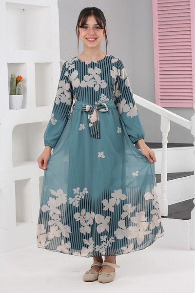 Dalikda Rochie din șifon cu imprimeu floral pentru fete – rochie lungă, căptușită, potrivită pentru hijab