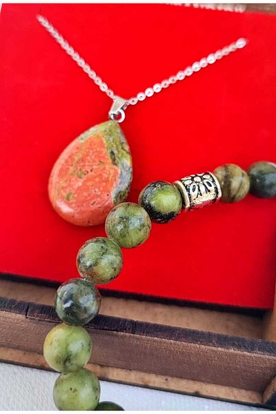 BaharEli Natural Unakite Stone Necklace and Bracelet Set in Special Box