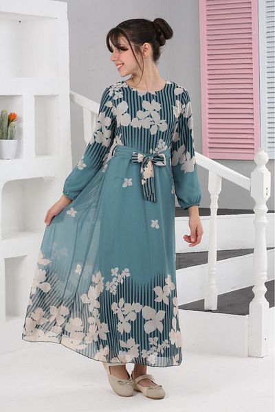 Dalikda Rochie din șifon cu imprimeu floral pentru fete – rochie lungă, căptușită, potrivită pentru hijab