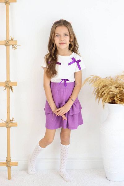 sinmm Purple-White Girl's Ribbon Detail Skirt Suit