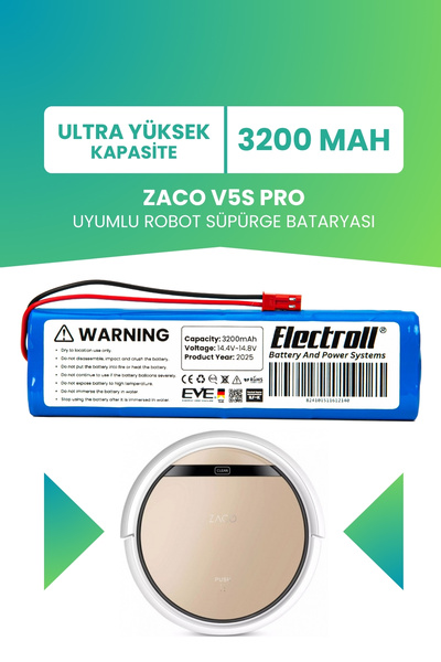 ELECTROLL Zaco V5s Pro Uyumlu Batarya (ULTRA YÜKSEK KAPASİTE) 3200mah Pil Rob...