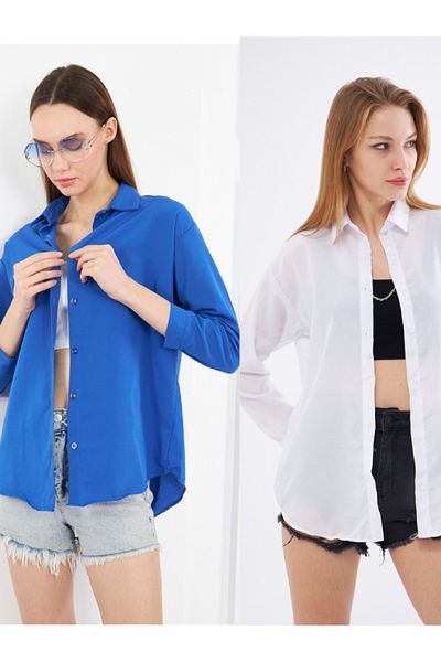brako tekstil Women's White-Blue Oversize Long Basic Shirt
