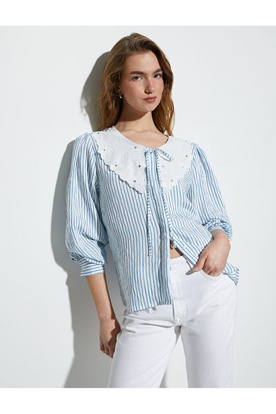 Koton Baby Collar Poplin Shirt with Balloon Sleeves and Tie Detail