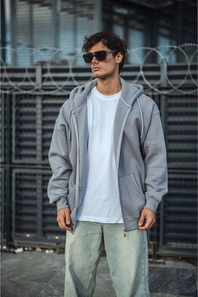 leyla sanat sanata yeni bir bakış açısı Leyla Sanat a New Perspective on Art Oversize Full Zip Long Sleeve Cardigan - Gray