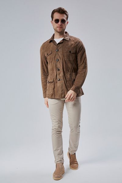 KENT Safari Buttoned Genuine Leather Milk Brown Men's Suede Jacket