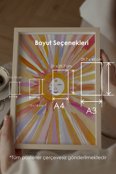 Alf Portraits Gülümseyen Güneş İllüstrasyonu Çerçevesiz Poster, Sarı Güneş Poster Duvar Dekoru