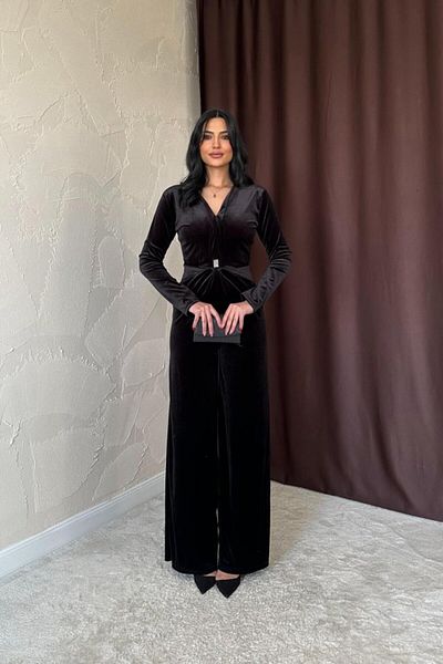 modaserdem Black Front Buckle Velvet Jumpsuit