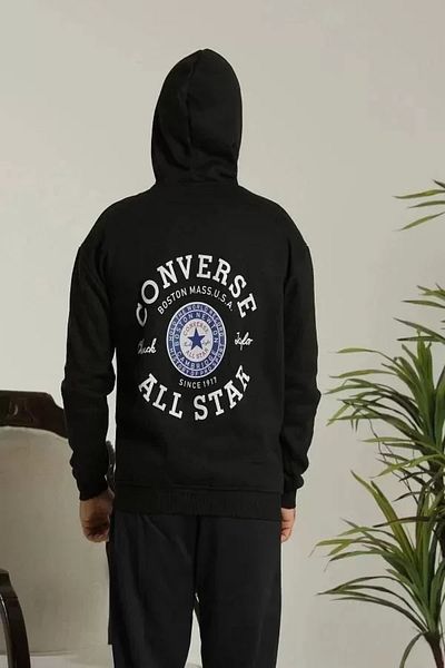 Bay Şapkacı eyesof Hanorac unisex cu glugă cu trei fire oversize imprimat - negru