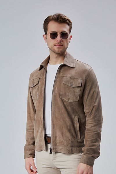 KENT Ken2412 Zippered Genuine Leather Milk Brown Men's Suede Jacket