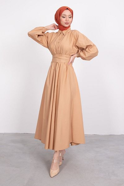 STİLZERAFET Shirt Collar Buttoned Flared Hijab Dress