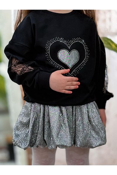 MUMİKİDS Girl's Sleeves Lace / Front Heart Embroidery / Stone Detail and Shiny Balloon Skirt Suit