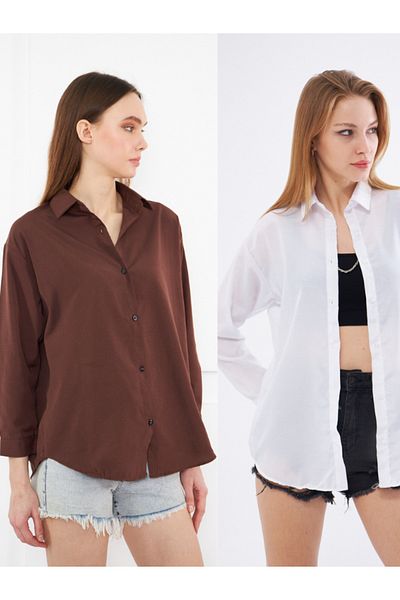 brako tekstil Women's White-Brown Oversize Long Basic Shirt