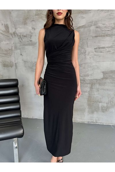 Elif Özbey Butik Rochie neagră cu fante drapată Sandy