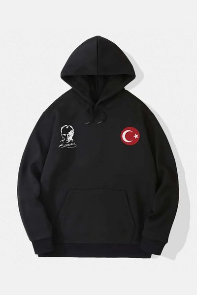 MD Kumsal Three Thread Hooded Printed Sweatshirt - Black