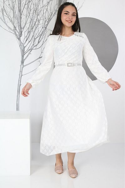 Asortix Rochie de seară musulmană lungă pentru fete cu model Guipure - talie elastică și căptușeală