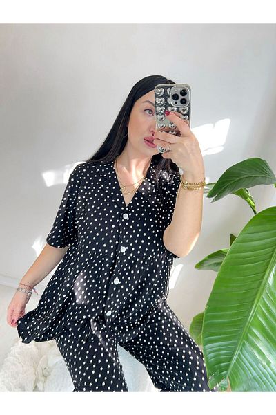 Pijamapartisi Polka Dot Combed Cotton Fabric Maternity Postpartum Pajamas Set on Black
