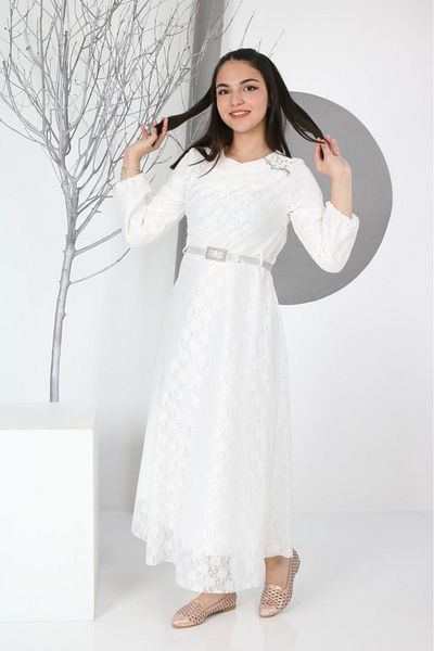 Asortix Rochie de seară musulmană lungă pentru fete cu model Guipure - talie elastică și căptușeală