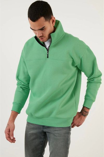 İpeksi Silky Oversize Half Zip Collar Basic Sweatshirt - Green