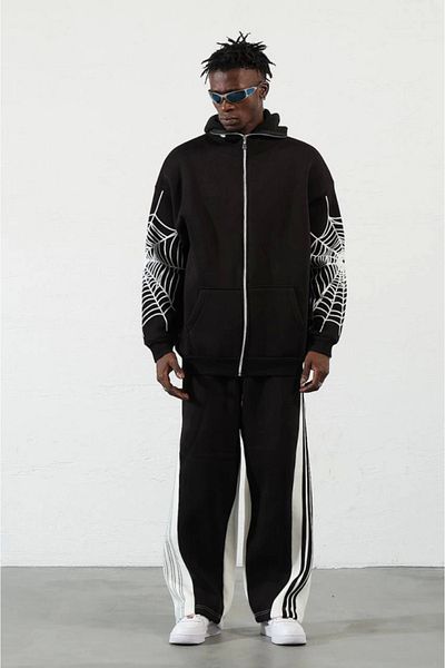 MODAVERA    Three Thread Printed Zippered Hooded Cardigan - Black