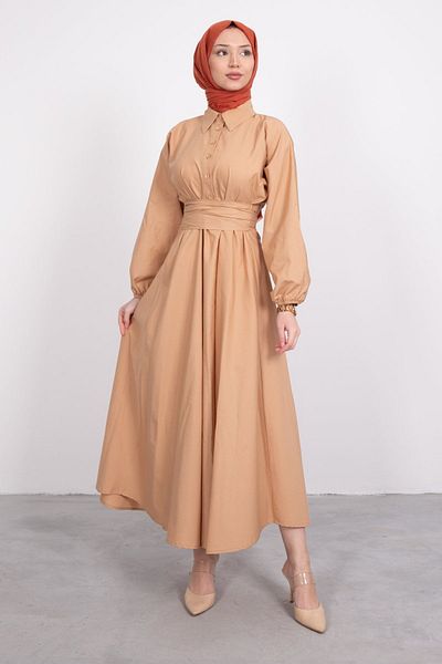 STİLZERAFET Shirt Collar Buttoned Flared Hijab Dress