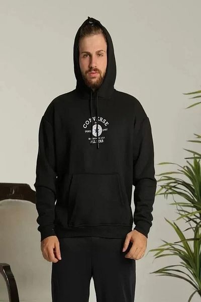 Bay Şapkacı eyesof Hanorac unisex cu glugă cu trei fire oversize imprimat - negru
