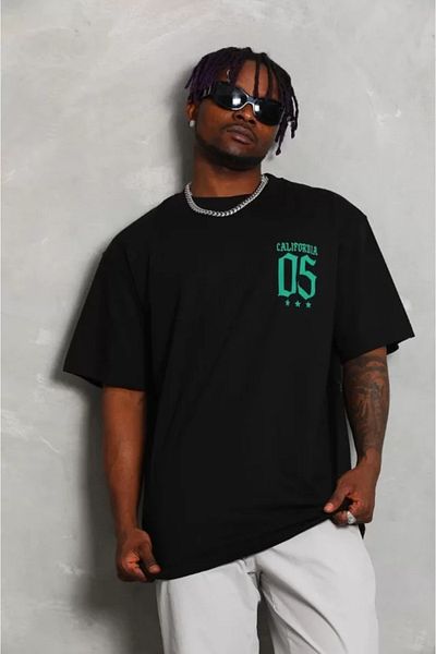COTTONLAB Unisex Oversize εμπριμέ μπλουζάκι με λαιμόκοψη - Μαύρο